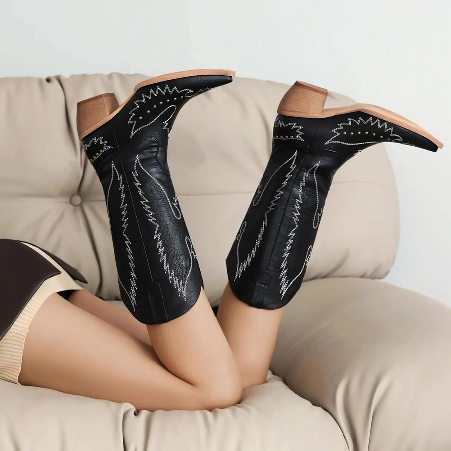 Cozivwaiy Women Denim Cowboy Boots Patchwork Knee High Boots Colorblock Western Cowgirl Mid Calf Jeans Shoes Pointed Toe Chunky Heel Pull On