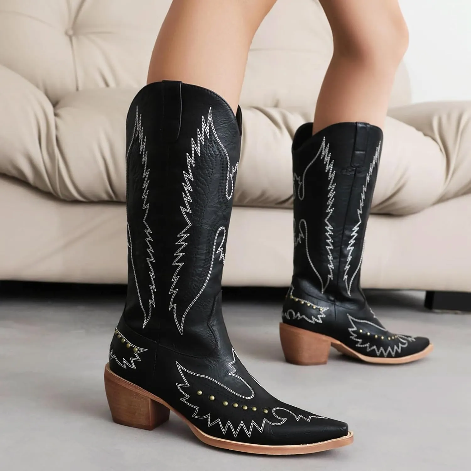 Cozivwaiy Women Denim Cowboy Boots Patchwork Knee High Boots Colorblock Western Cowgirl Mid Calf Jeans Shoes Pointed Toe Chunky Heel Pull On