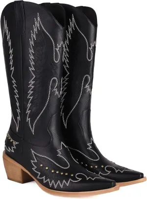 Cozivwaiy Women Denim Cowboy Boots Patchwork Knee High Boots Colorblock Western Cowgirl Mid Calf Jeans Shoes Pointed Toe Chunky Heel Pull On