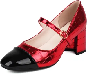 Cozivwaiy Women Fashion Mary Jane Shoes Metallic Blok Heels Cap Toe Two Tone Party Shoe Ankle Strap Patchwork Work Office Pumps
