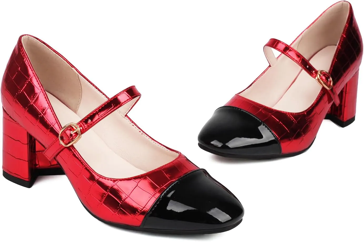 Cozivwaiy Women Fashion Mary Jane Shoes Metallic Blok Heels Cap Toe Two Tone Party Shoe Ankle Strap Patchwork Work Office Pumps