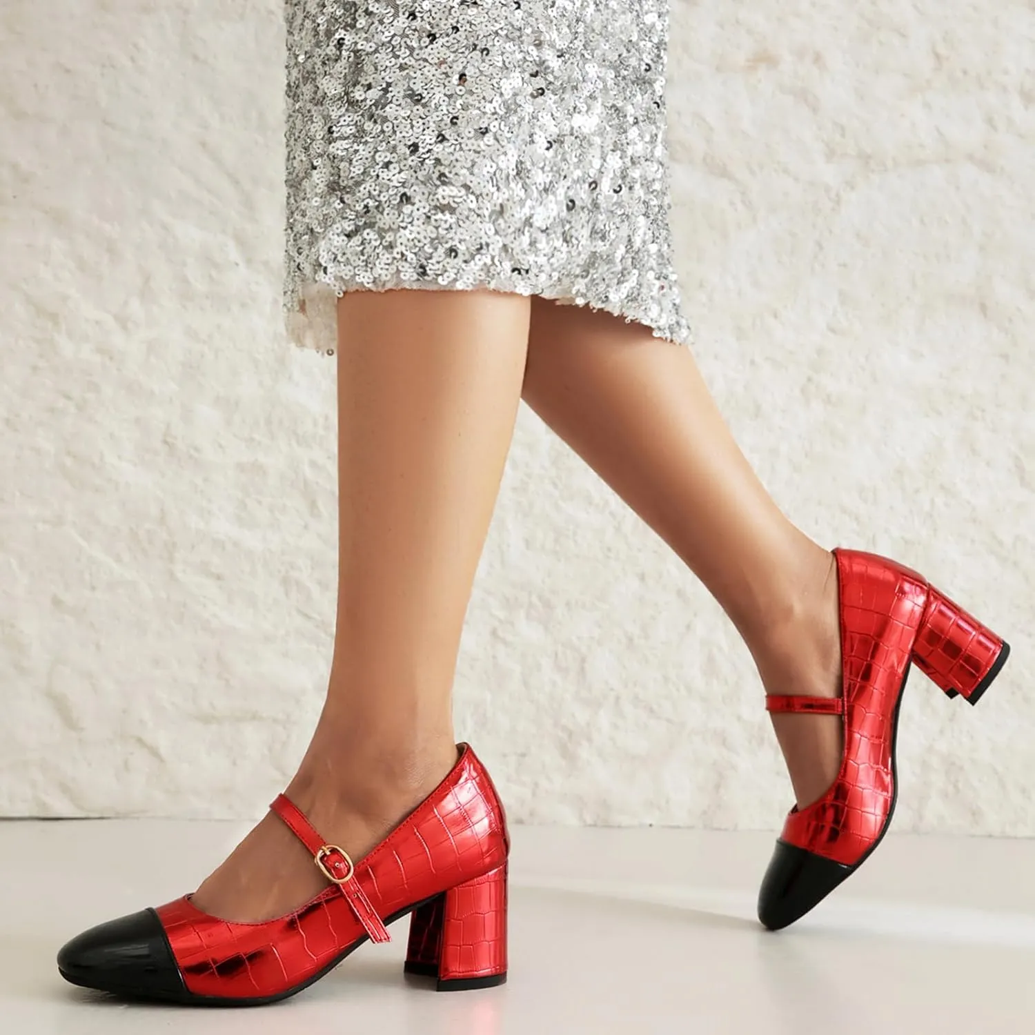 Cozivwaiy Women Fashion Mary Jane Shoes Metallic Blok Heels Cap Toe Two Tone Party Shoe Ankle Strap Patchwork Work Office Pumps
