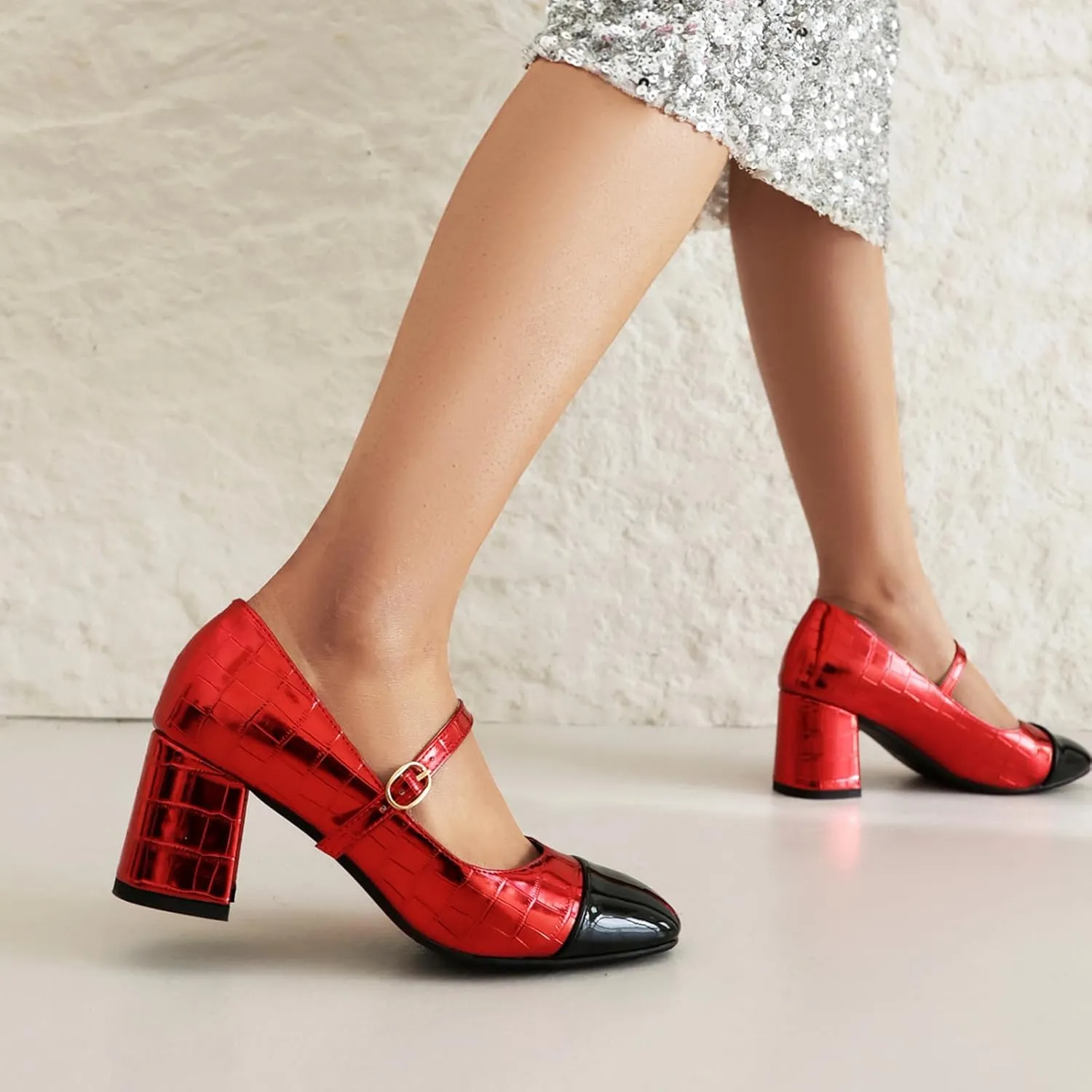 Cozivwaiy Women Fashion Mary Jane Shoes Metallic Blok Heels Cap Toe Two Tone Party Shoe Ankle Strap Patchwork Work Office Pumps