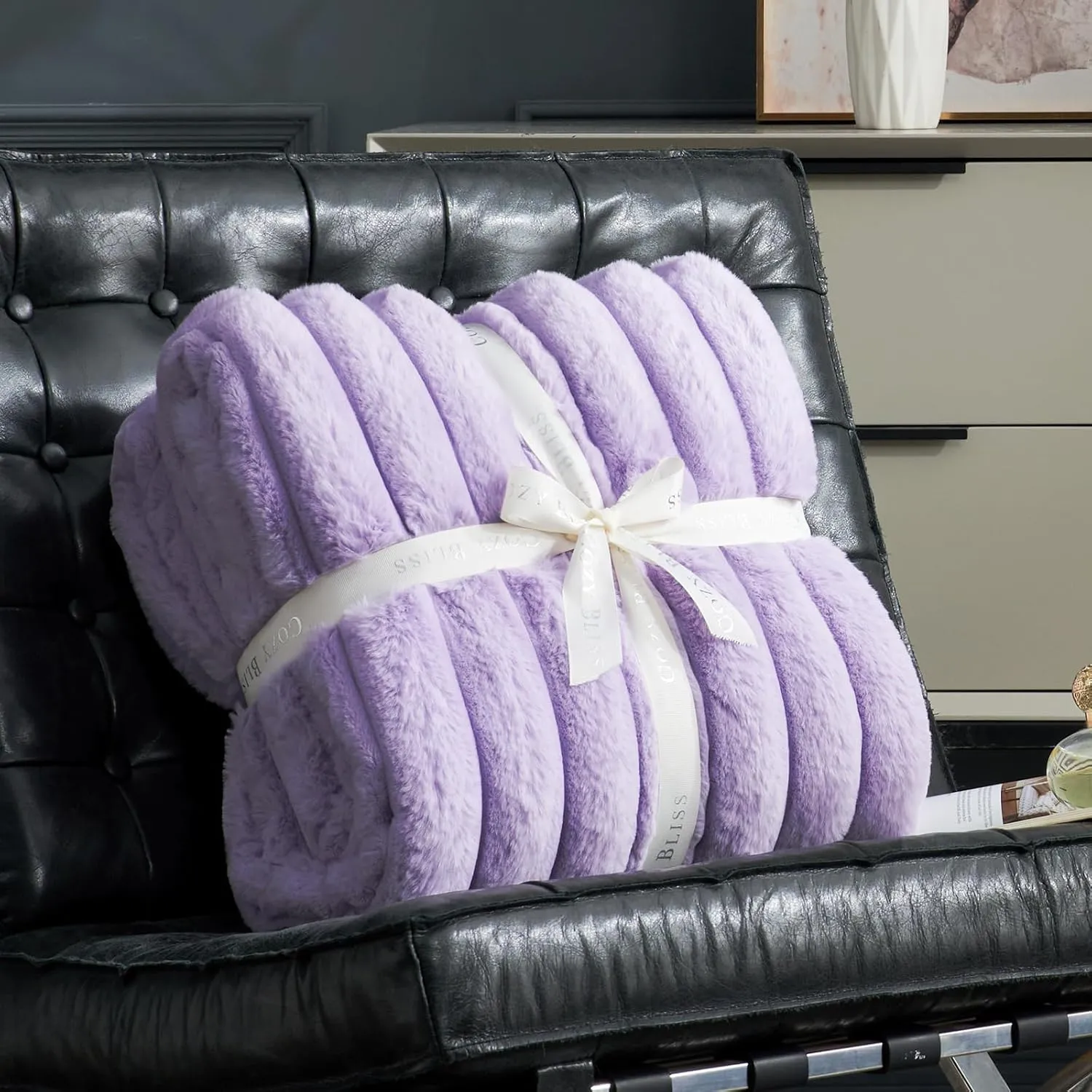 Cozy Bliss Faux Fur Throw Blanket for Couch, Cozy Warm Plush Striped Blanket for Sofa Bedroom Living Room, 50 * 60 Inches Lavender Purple