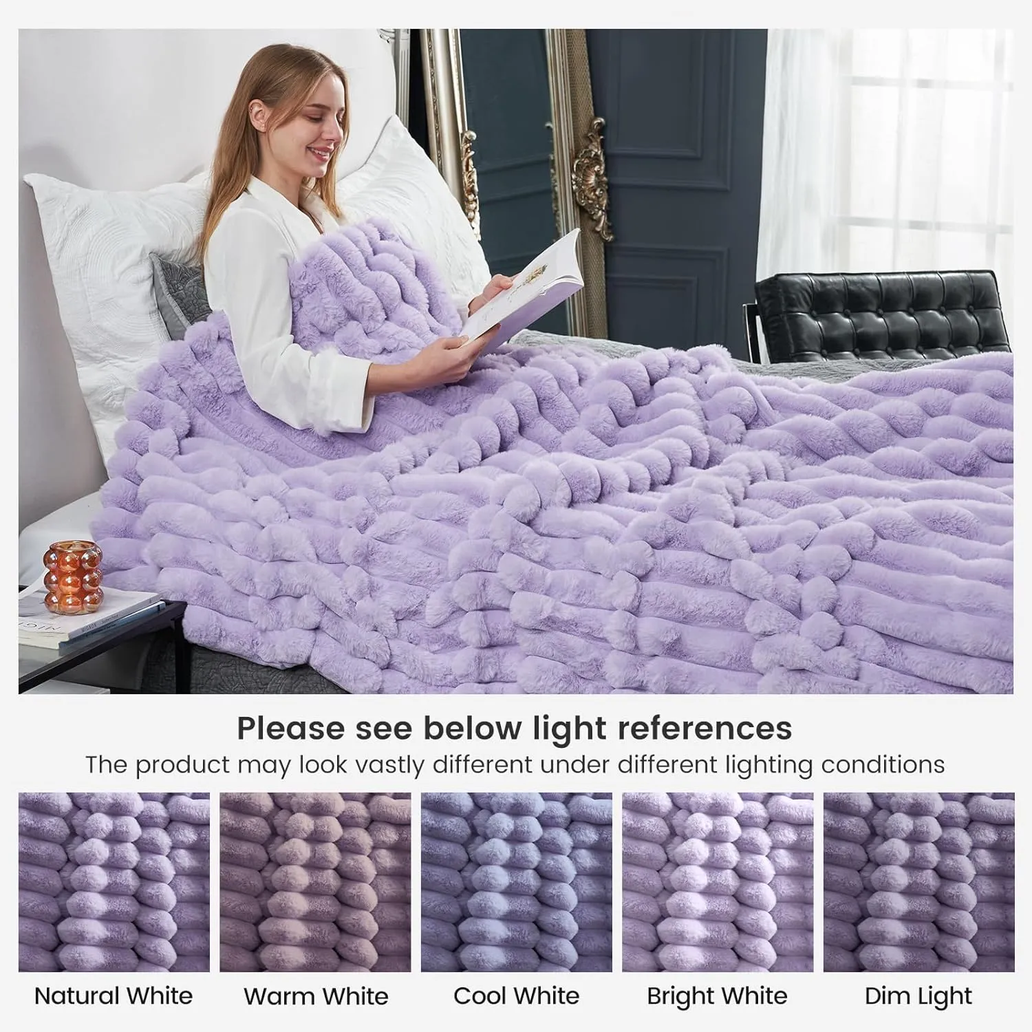 Cozy Bliss Faux Fur Throw Blanket for Couch, Cozy Warm Plush Striped Blanket for Sofa Bedroom Living Room, 50 * 60 Inches Lavender Purple