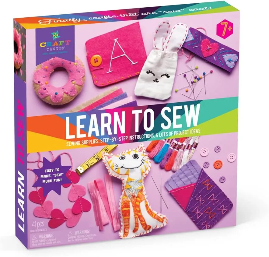 Craft-tastic Learn to Sew Kit – 7 Fun Projects and Reusable Materials to Teach Basic Sewing Stitches, Embroidery & More--Ages 7 