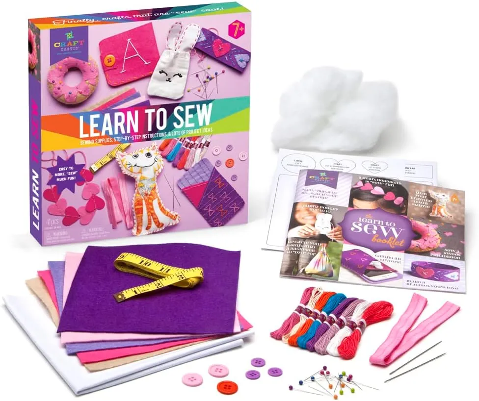 Craft-tastic Learn to Sew Kit – 7 Fun Projects and Reusable Materials to Teach Basic Sewing Stitches, Embroidery & More--Ages 7 