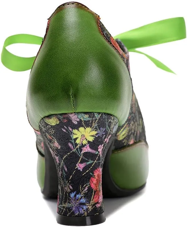 CrazycatZ Leather Mary Jane Shoes with Bow,Womens Patchword Pumps Vintage Mary Jane Shoes
