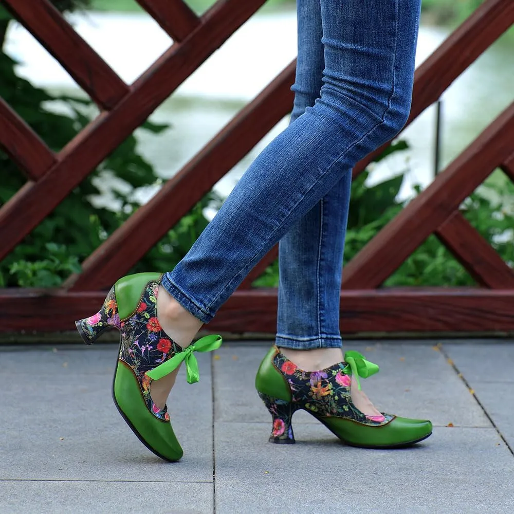 CrazycatZ Leather Mary Jane Shoes with Bow,Womens Patchword Pumps Vintage Mary Jane Shoes