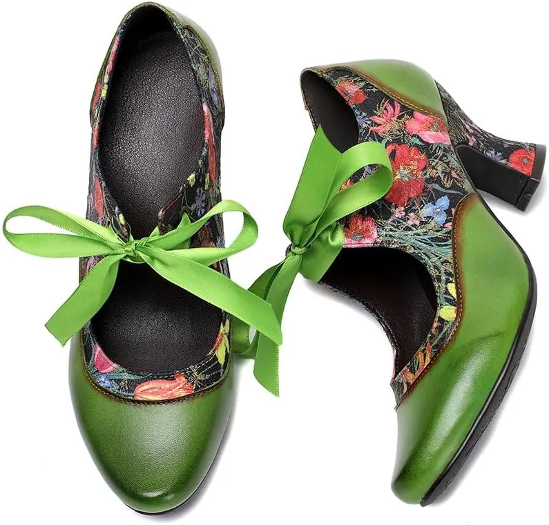 CrazycatZ Leather Mary Jane Shoes with Bow,Womens Patchword Pumps Vintage Mary Jane Shoes