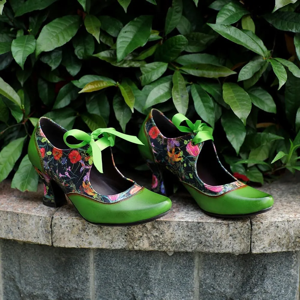 CrazycatZ Leather Mary Jane Shoes with Bow,Womens Patchword Pumps Vintage Mary Jane Shoes