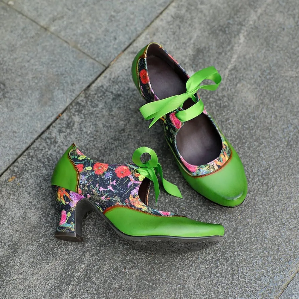 CrazycatZ Leather Mary Jane Shoes with Bow,Womens Patchword Pumps Vintage Mary Jane Shoes