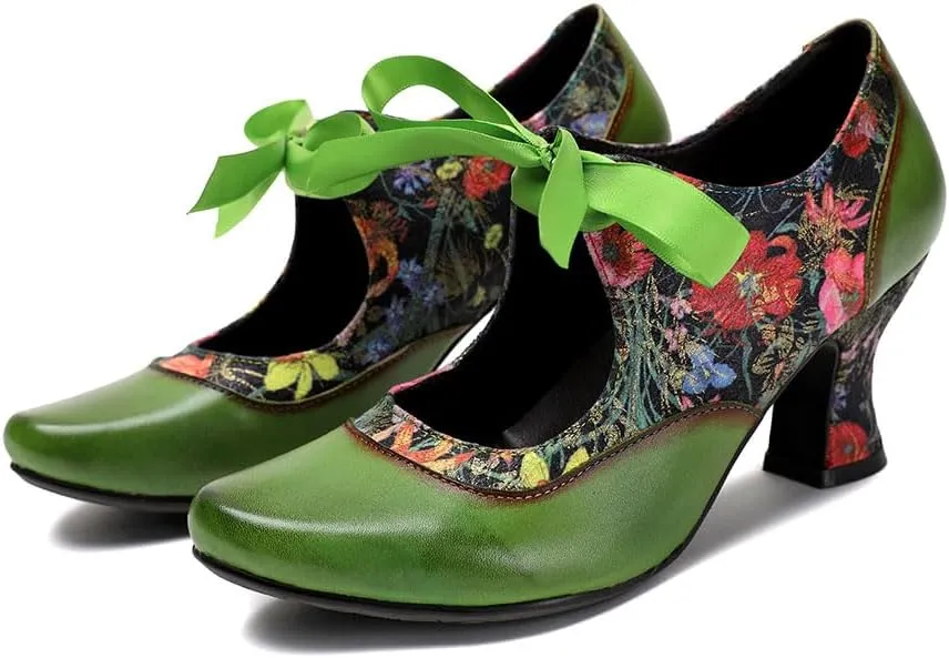 CrazycatZ Leather Mary Jane Shoes with Bow,Womens Patchword Pumps Vintage Mary Jane Shoes