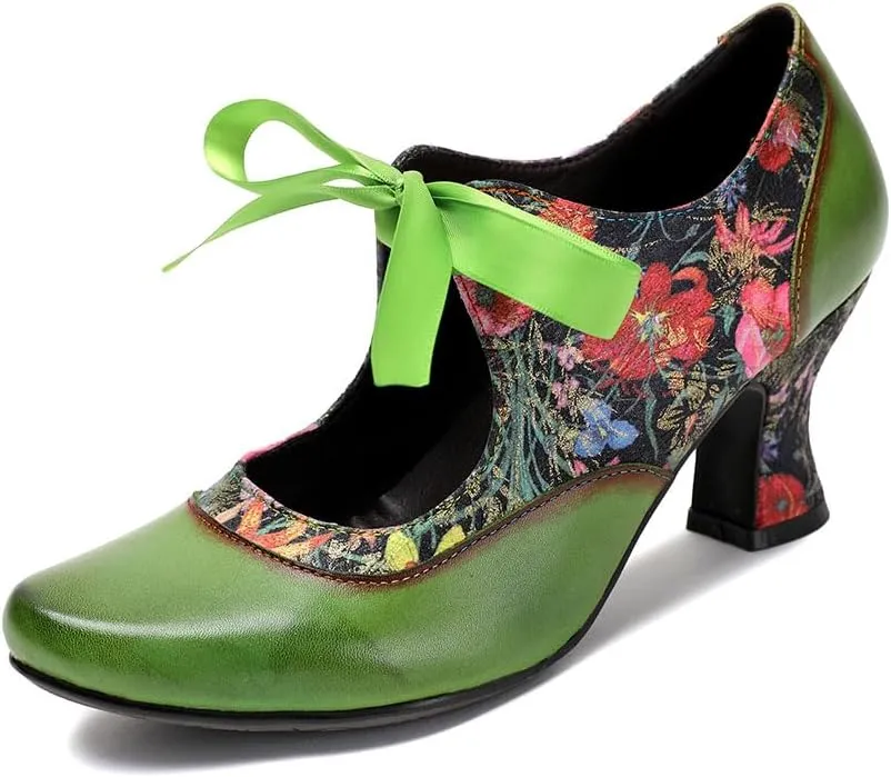 CrazycatZ Leather Mary Jane Shoes with Bow,Womens Patchword Pumps Vintage Mary Jane Shoes
