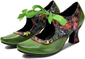 CrazycatZ Leather Mary Jane Shoes with Bow,Womens Patchword Pumps Vintage Mary Jane Shoes