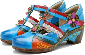 CrazycatZ Leather Mary Jane Shoes,Womens Colorful Block Heel Pumps Vintage Mary Jane Shoes Pumps