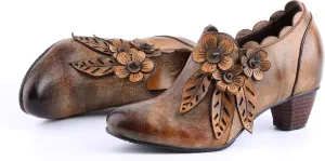 CrazycatZ Leather Pumps,Womens Colorful Vintage Floral Block Heel Bohemian Vintage Shoes