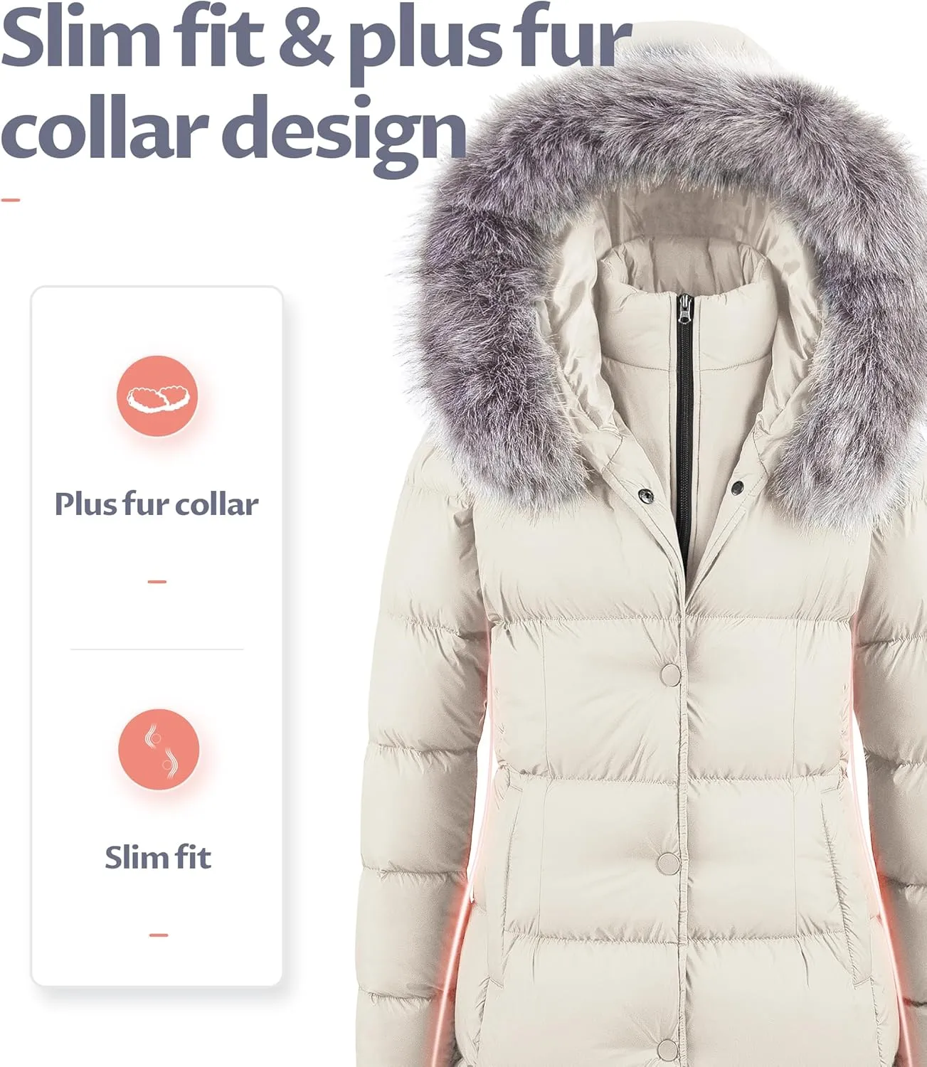 CREATMO US Women's Winter Snow Jacket Long Fur Puffer Coat With Removable Faux Fur Trim