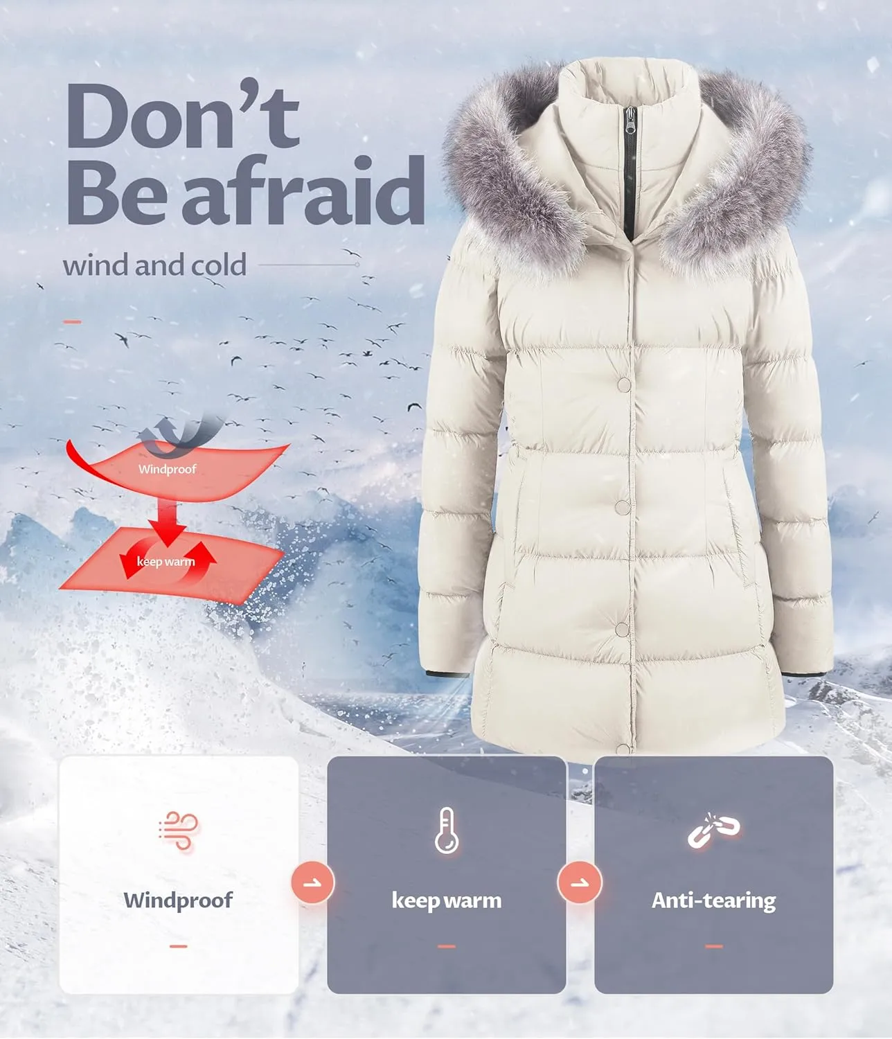 CREATMO US Women's Winter Snow Jacket Long Fur Puffer Coat With Removable Faux Fur Trim