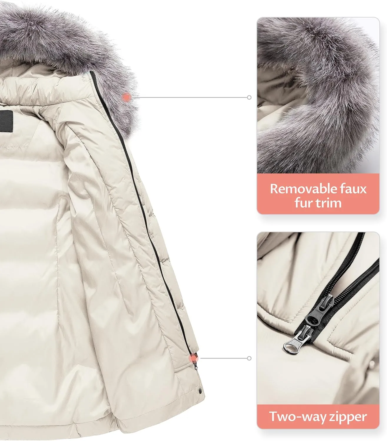 CREATMO US Women's Winter Snow Jacket Long Fur Puffer Coat With Removable Faux Fur Trim