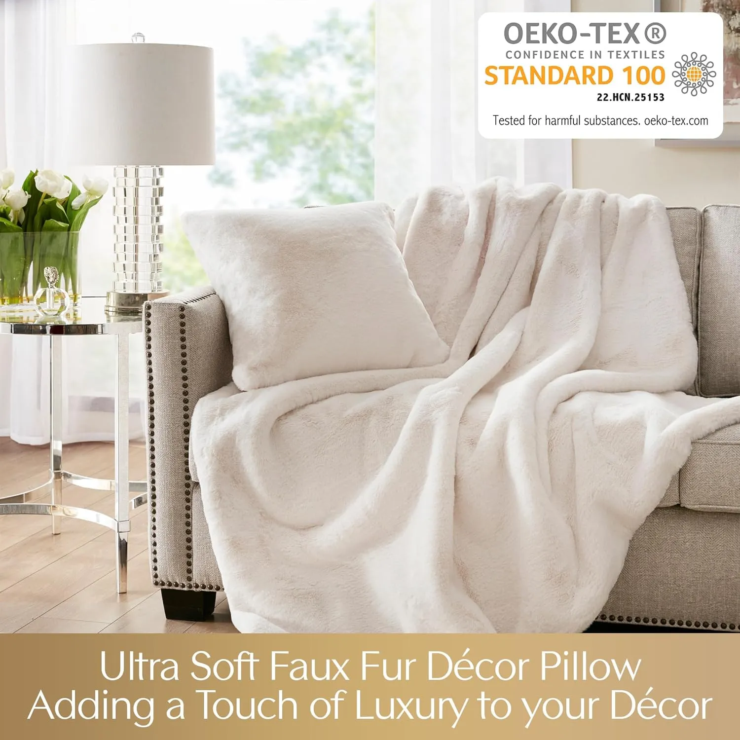 Croscill Décor Pillow, Luxurious Long Faux Fur Plush Removable Cover with Brand Insignia Zipper, All Season & Skin Friendly Poly Filling Décor Pillow Insert, Sable, Square, 20x20, Ivory