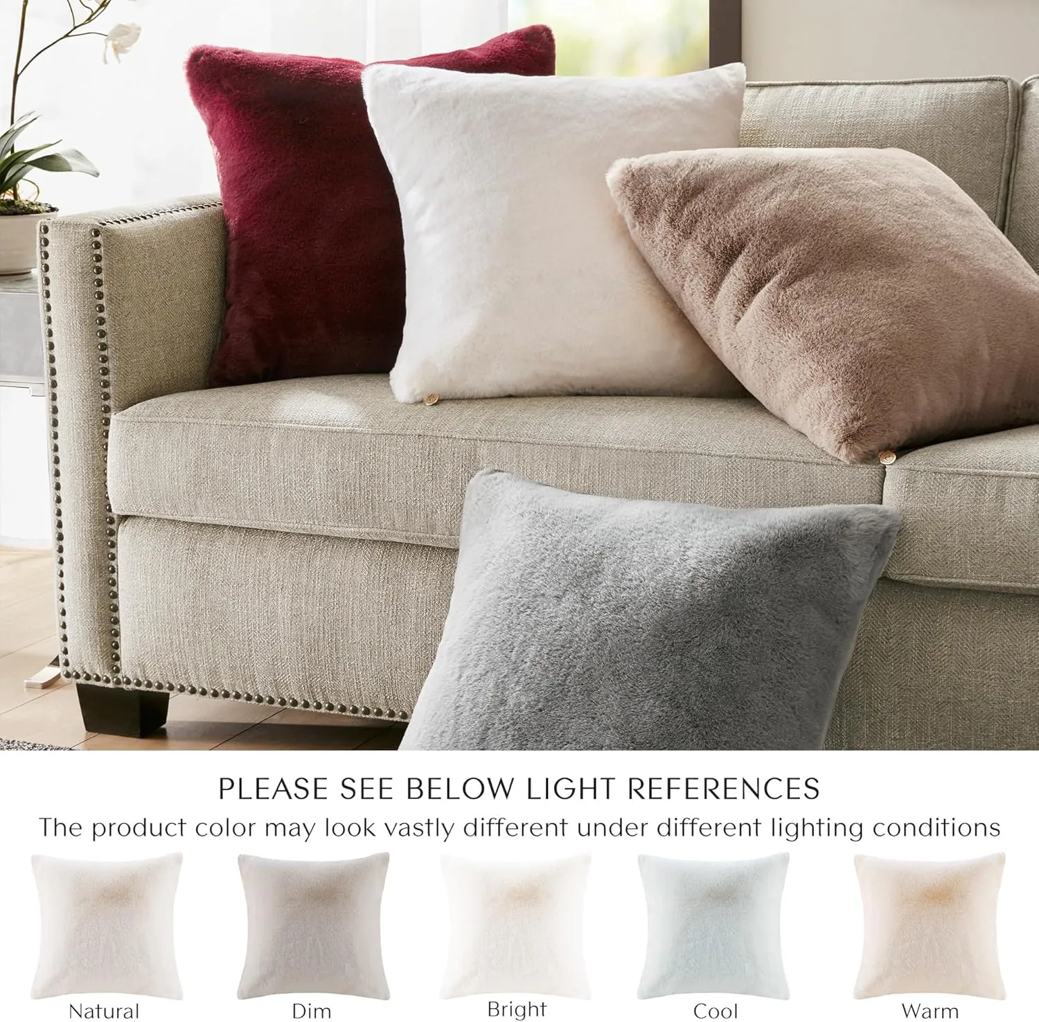 Croscill Décor Pillow, Luxurious Long Faux Fur Plush Removable Cover with Brand Insignia Zipper, All Season & Skin Friendly Poly Filling Décor Pillow Insert, Sable, Square, 20x20, Ivory
