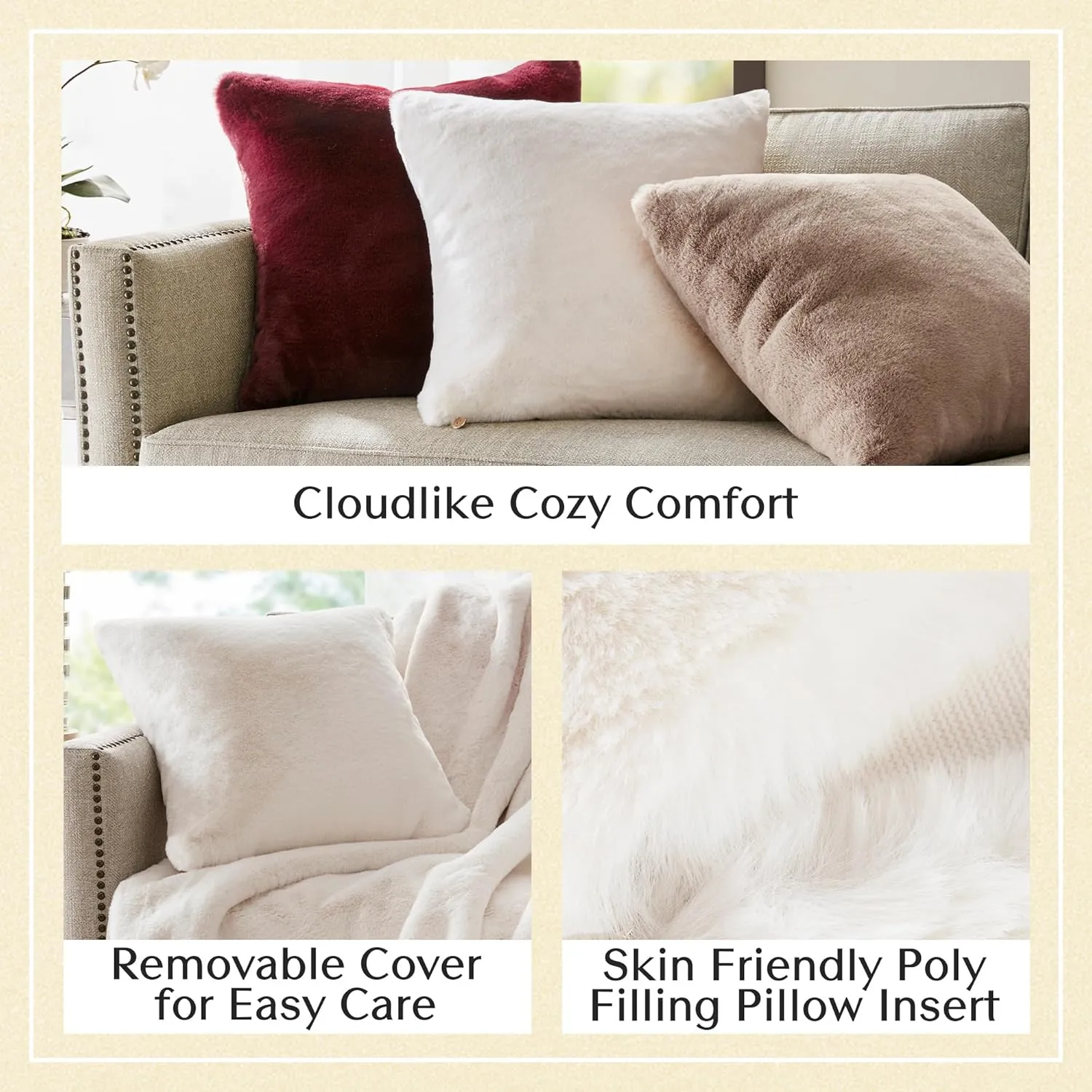 Croscill Décor Pillow, Luxurious Long Faux Fur Plush Removable Cover with Brand Insignia Zipper, All Season & Skin Friendly Poly Filling Décor Pillow Insert, Sable, Square, 20x20, Ivory