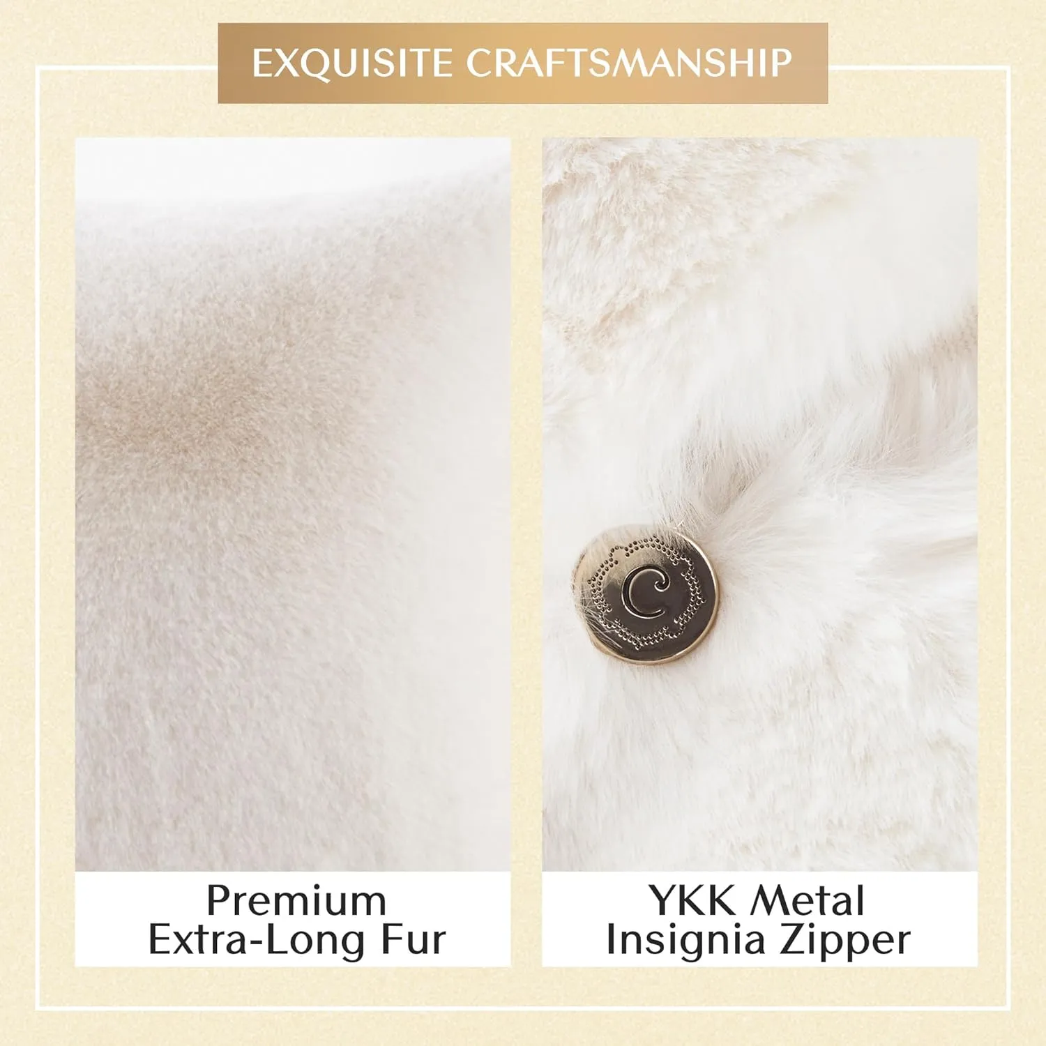 Croscill Décor Pillow, Luxurious Long Faux Fur Plush Removable Cover with Brand Insignia Zipper, All Season & Skin Friendly Poly Filling Décor Pillow Insert, Sable, Square, 20x20, Ivory