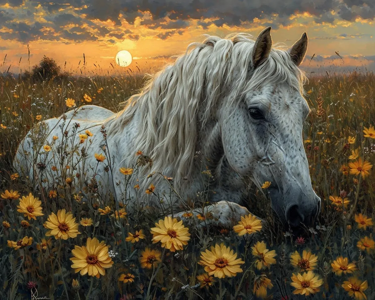 Cross-Stitch Stamped Kits, Horse Resting at Dusk, Embroidery Crafts Needlepoint Kit, Beginners Starter Kits, DIY Handmade Gifts 11CT 3 Strands 16x20 inch