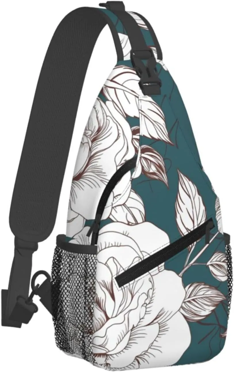 Crossbody Bag for Women Men Line Floral Rose Flowers Design Chest Bag Crossbody Sling Bag Adjustable Shoulder Bag