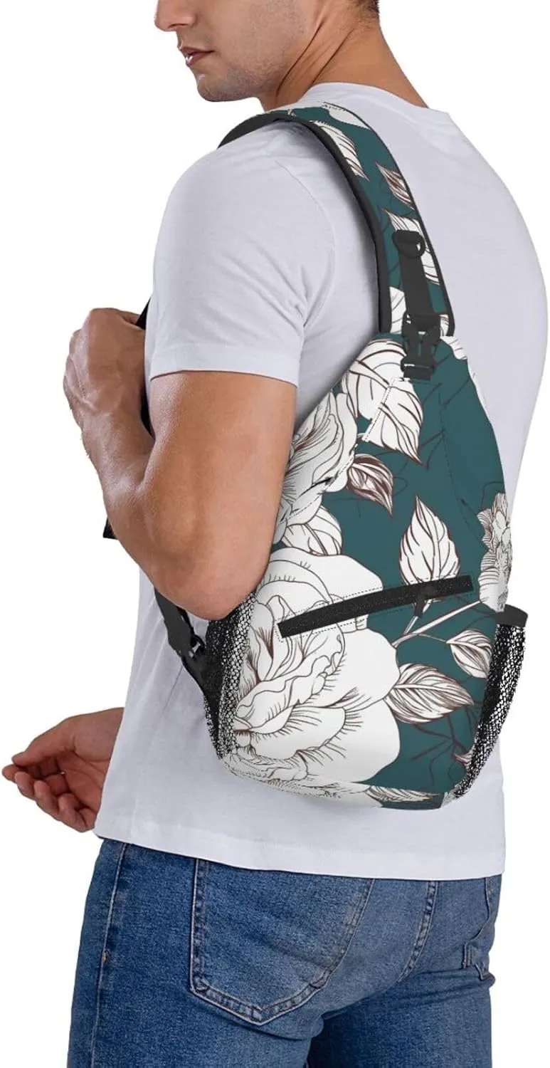 Crossbody Bag for Women Men Line Floral Rose Flowers Design Chest Bag Crossbody Sling Bag Adjustable Shoulder Bag