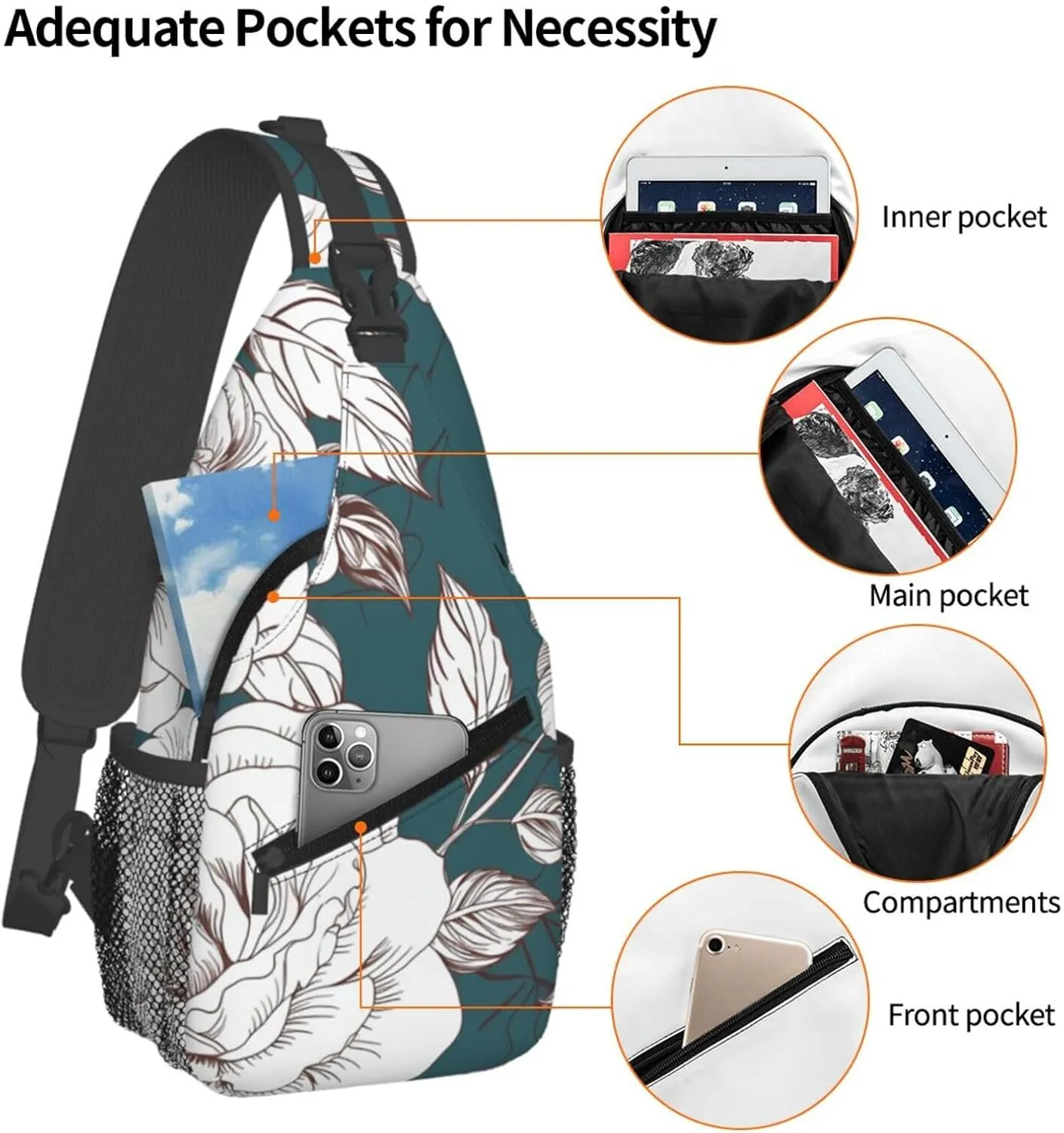Crossbody Bag for Women Men Line Floral Rose Flowers Design Chest Bag Crossbody Sling Bag Adjustable Shoulder Bag