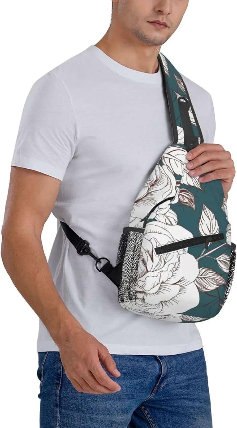 Crossbody Bag for Women Men Line Floral Rose Flowers Design Chest Bag Crossbody Sling Bag Adjustable Shoulder Bag
