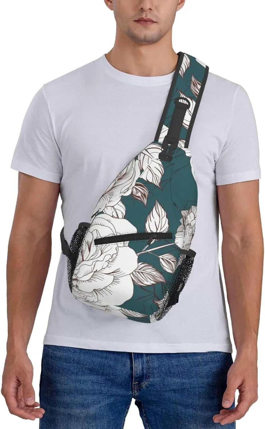 Crossbody Bag for Women Men Line Floral Rose Flowers Design Chest Bag Crossbody Sling Bag Adjustable Shoulder Bag