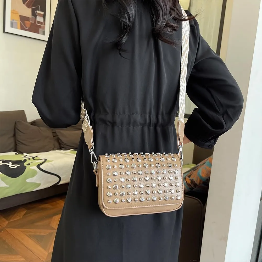 Crossbody Bag for Women With Adjustable Guitar Strap Satchel Purse PU Leather Flap Rivet Studded Clutch Purse for