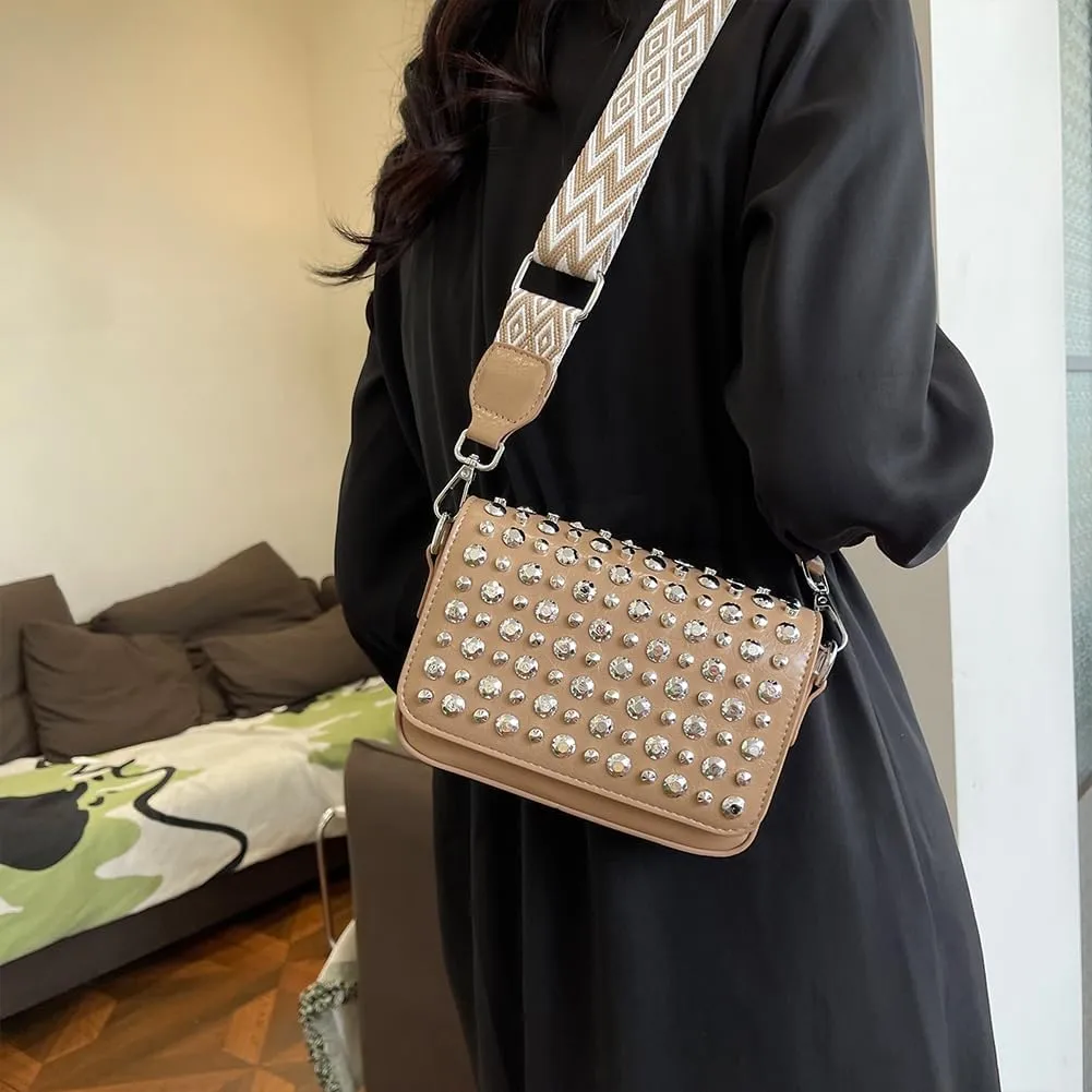 Crossbody Bag for Women With Adjustable Guitar Strap Satchel Purse PU Leather Flap Rivet Studded Clutch Purse for