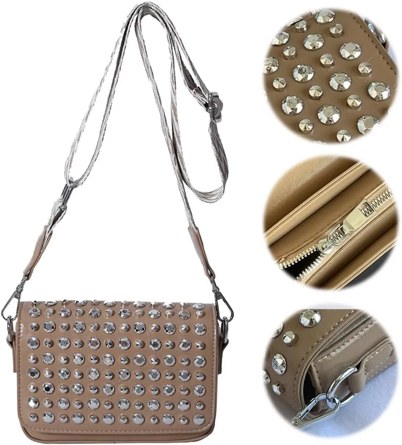 Crossbody Bag for Women With Adjustable Guitar Strap Satchel Purse PU Leather Flap Rivet Studded Clutch Purse for