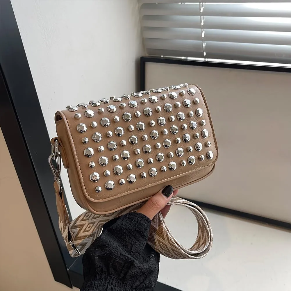 Crossbody Bag for Women With Adjustable Guitar Strap Satchel Purse PU Leather Flap Rivet Studded Clutch Purse for