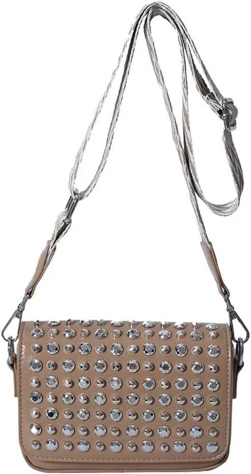 Crossbody Bag for Women With Adjustable Guitar Strap Satchel Purse PU Leather Flap Rivet Studded Clutch Purse for