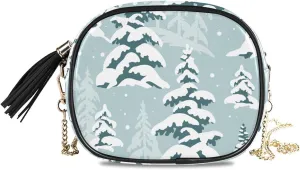 Crossbody Shoulder Bag Snowy Winter Forest Pine Trees Small PU Leather Handbag with Tassel Zipper
