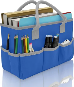 Cupohus Art Organizer Craft Storage Tote Bag with Pockets and Hadles, Oxford Fabric Carrying Caddy for Teacher, Officer, Artist, Students, Traveler, and more – Blue with Grey Edge