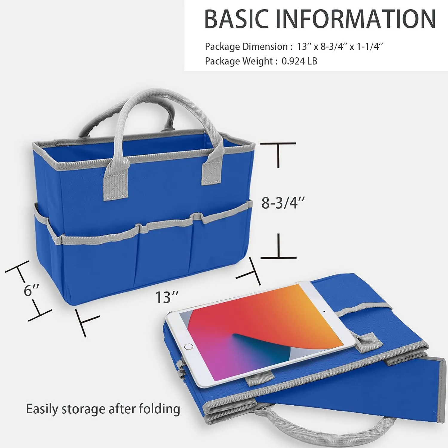 Cupohus Art Organizer Craft Storage Tote Bag with Pockets and Hadles, Oxford Fabric Carrying Caddy for Teacher, Officer, Artist, Students, Traveler, and more – Blue with Grey Edge