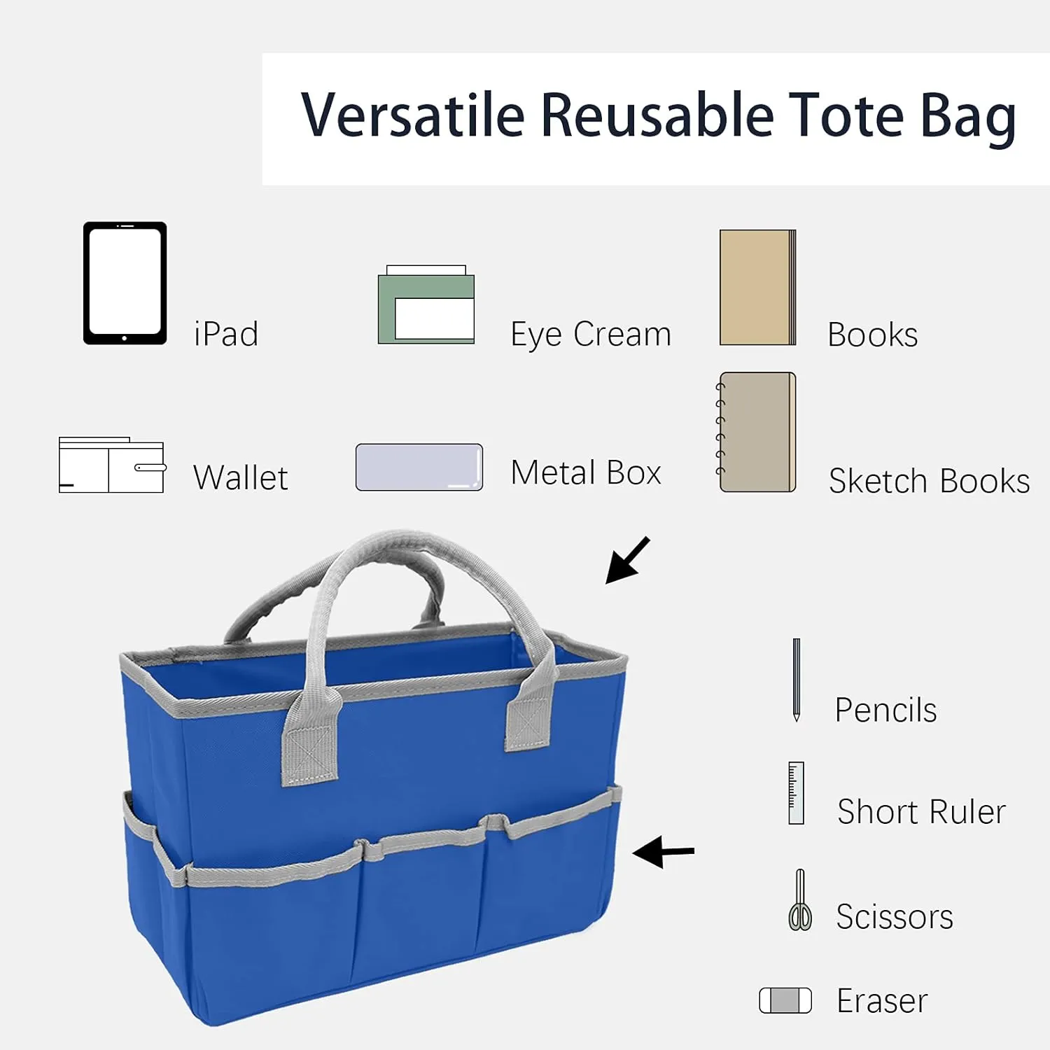 Cupohus Art Organizer Craft Storage Tote Bag with Pockets and Hadles, Oxford Fabric Carrying Caddy for Teacher, Officer, Artist, Students, Traveler, and more – Blue with Grey Edge