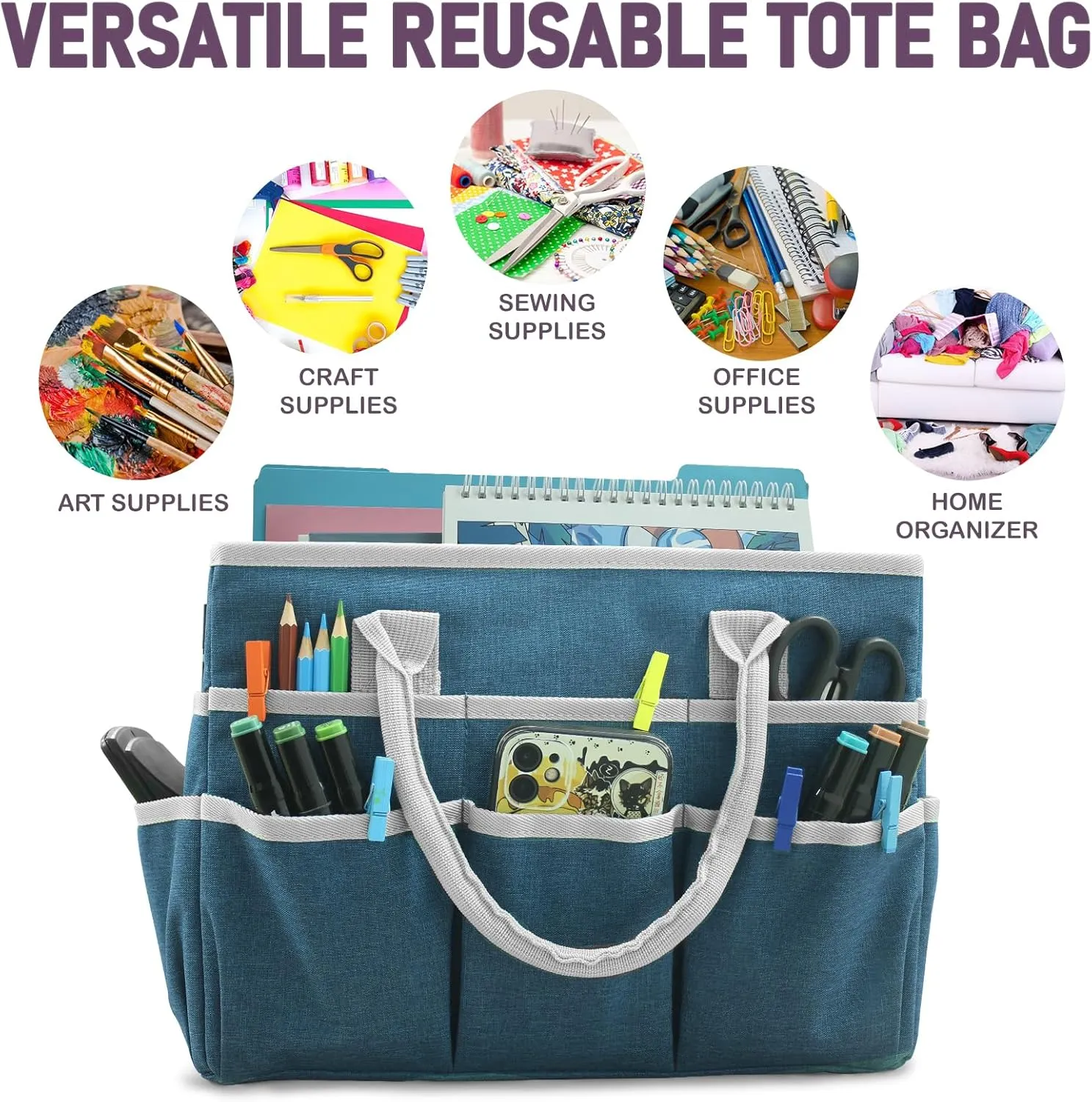 Cupohus Art Organizer Craft Storage Tote Bag with Pockets and Handles, Oxford Fabric Carrying Caddy for Teacher, Officer, Artist, Traveler, and more –Dark Green