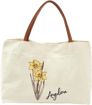 Custom Canvas Tote Bag with Leather Handles – Personalized Birthday Flower & Name Embroidered Shoulder Bag- Large Aesthetic Floral Gift for Women BridesmaidsTeacher Travel Shoping Bag