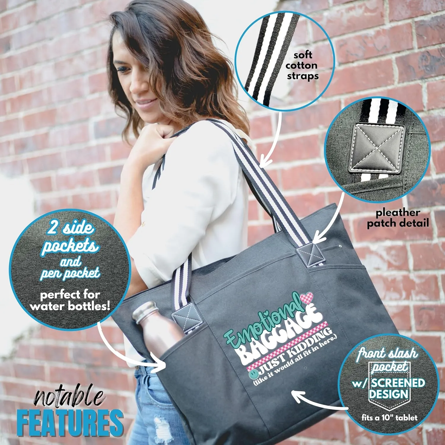 Custom Designed Personalized Brooke & Jess Designs Mom Tote Bag Laptop Computer Work Travel Bag with Zipper and Interior Pockets (Teal) (Tessa Black)