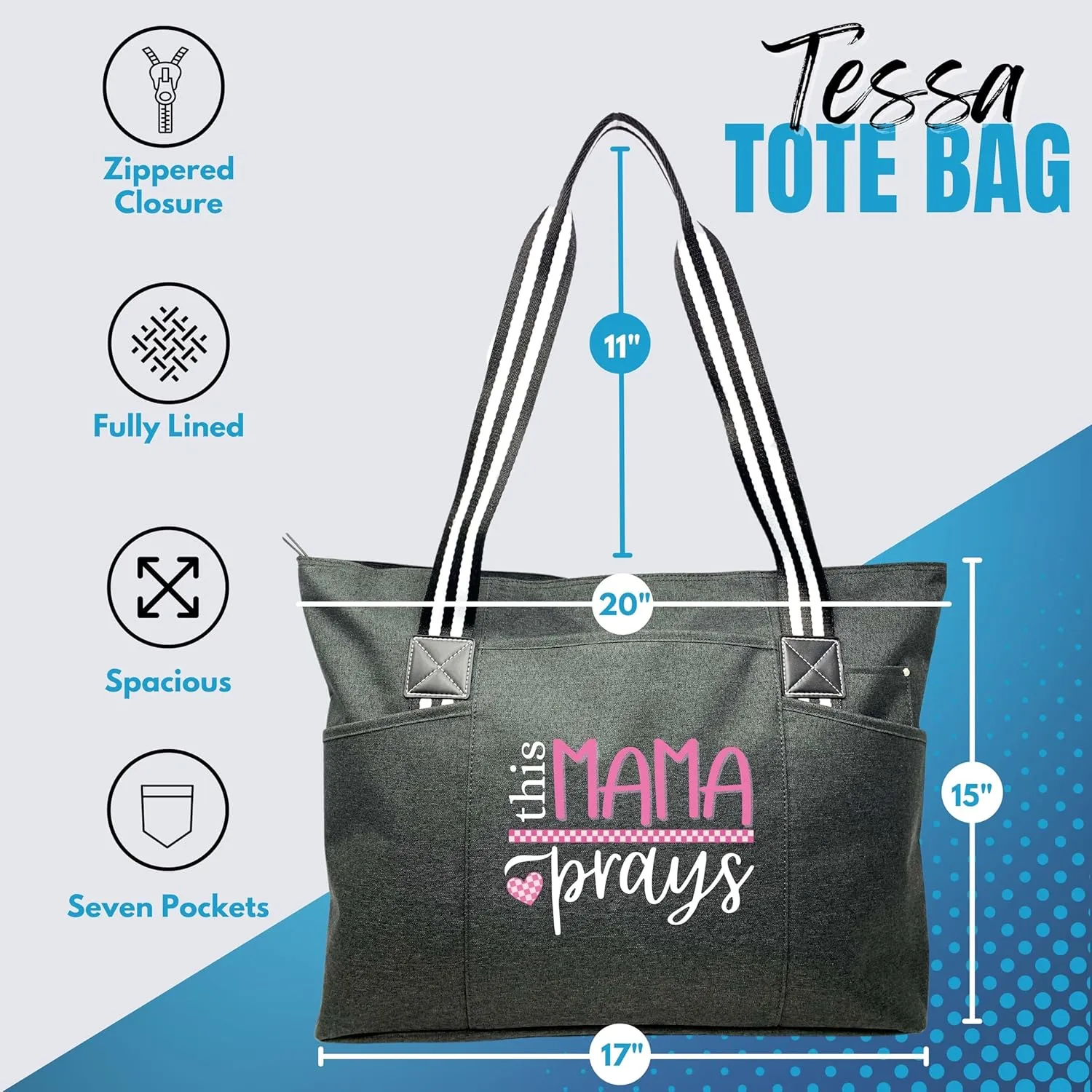 Custom Designed Personalized Brooke & Jess Designs Mom Tote Bag Laptop Computer Work Travel Bag with Zipper and Interior Pockets (Teal) (Tessa Black)