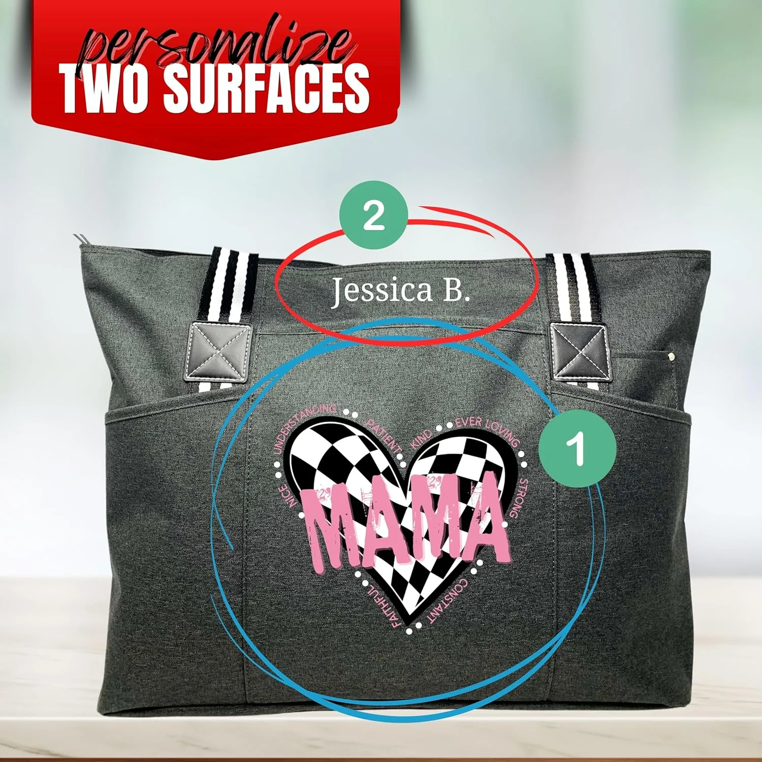 Custom Designed Personalized Brooke & Jess Designs Mom Tote Bag Laptop Computer Work Travel Bag with Zipper and Interior Pockets (Teal) (Tessa Black)