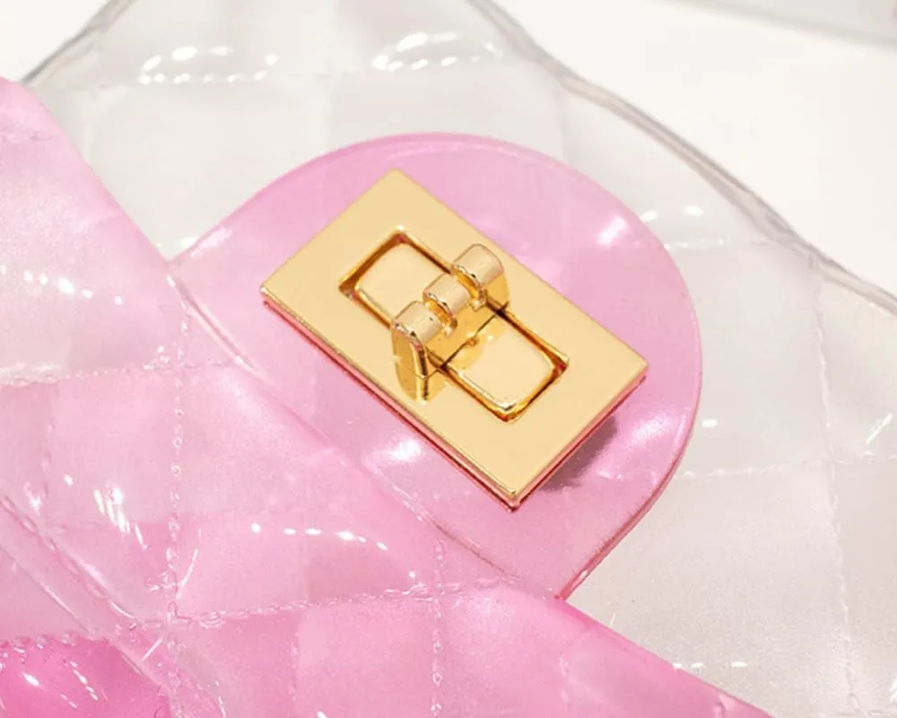 Cute Candy Color Jelly Handbag Crossbody Shoulder Bag Handle Bags Mini Transparent Crossbody with Golden Chain (Pink)