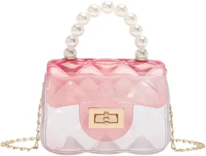 Cute Candy Color Jelly Handbag Crossbody Shoulder Bag Handle Bags Mini Transparent Crossbody with Golden Chain (Pink)